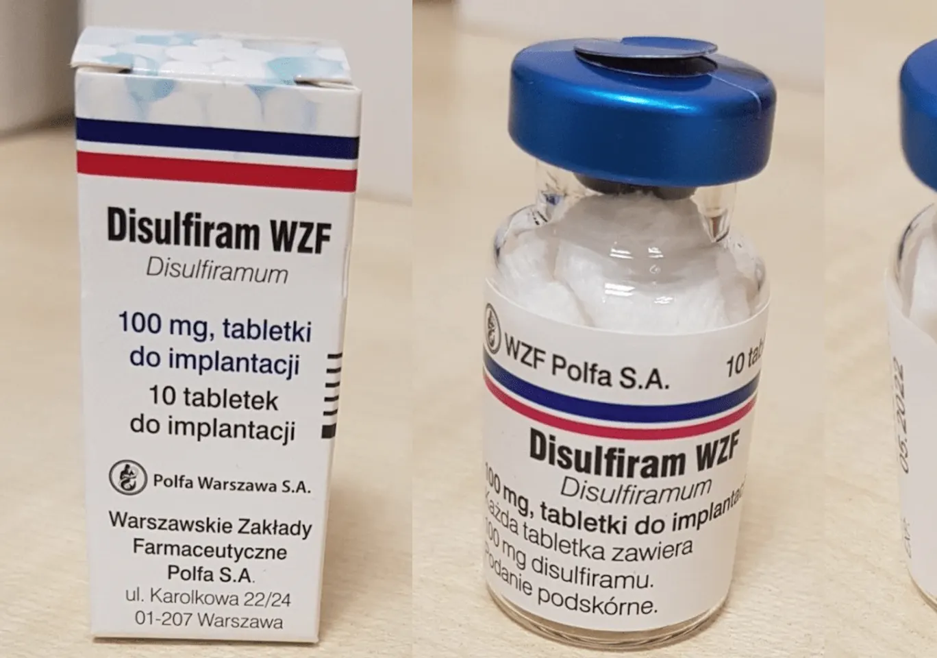 Wszywka alkoholowa Esperal / Disulfiram Łódź: fiolka disulfiramu obok opakowania leku
